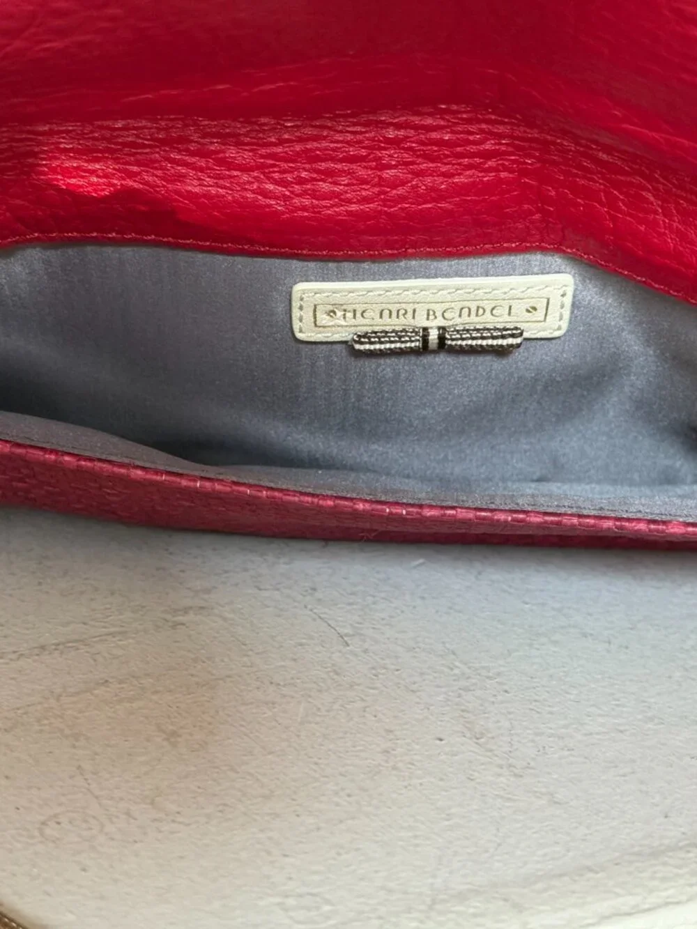 Henri Bendel Red Woven Leather Envelope Clutch Crossbody Gold Chain